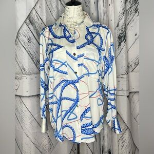 ZARA Blue Rope Print Satin Button Up Shirt Long Sleeve Blouse Top S